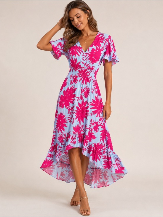 Abel The Label Dresses & Skirts - Abel The Label Tropical Floral Smocked Waist High Low Midi Dress XS Boho Resort